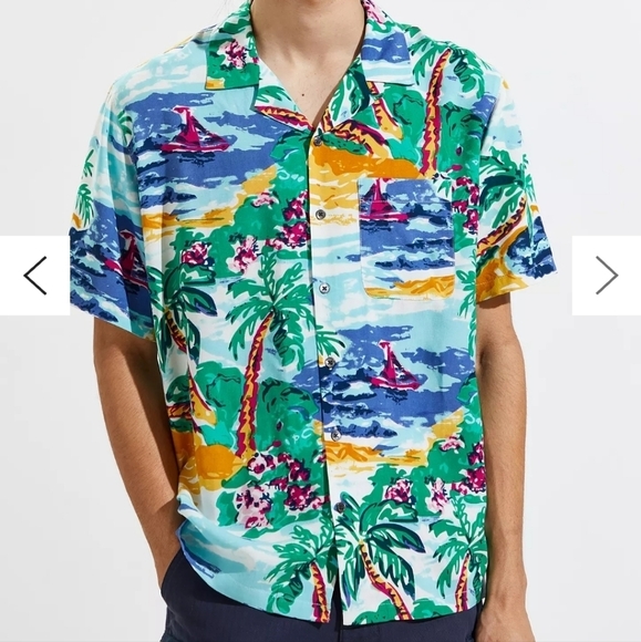 Urban outfitters Painted Paradise Rayon Short Sleeve Button-Down Shirt - Picture 1 of 16